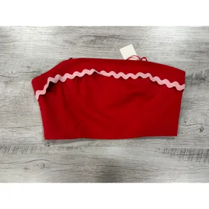 Idem Ditto Red Strapless Corset Top Pink Ric Rac Trim Zip Back Size L thumbnail 5