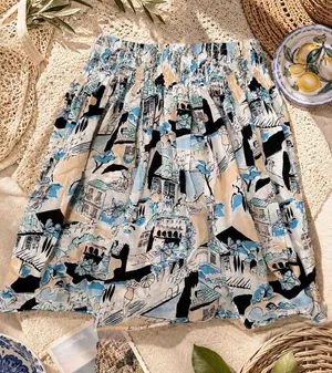 New York & Company Scenic Print Cotton Smocked Waist Midi Skirt Small Resort‎ thumbnail 1