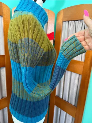 Cozy Striped Cowl Neck Sweater in Teal and Olive thumbnail 7