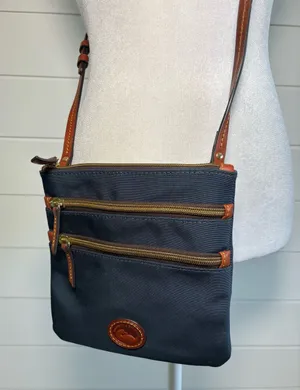 Dooney & Bourke‎ Triple Zip Navy Crossbody with Brown Leather Trim thumbnail 1