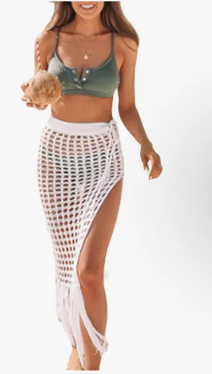 Amazon Women Sexy Hollow Out Mesh Tassle Skirts Beach Cover Up Summer Fish Net S thumbnail 1