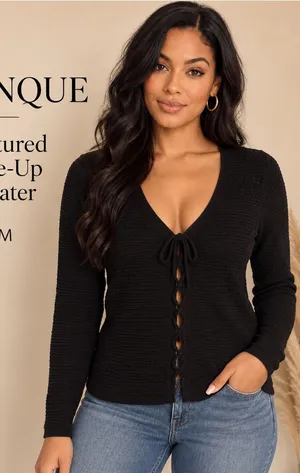 Pinque Textured Black Lace-Up Front Sweater Top Size M thumbnail 1