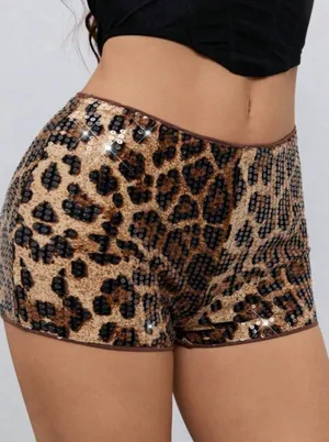 SHEIN Tall Low Rise Leopard Print Sequin Shorts Size Small thumbnail 1