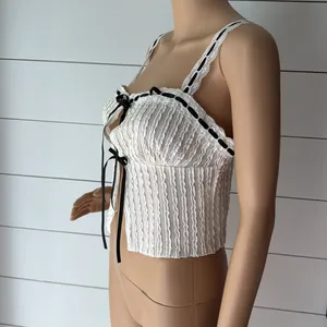 Floerns Lace Trim Tie Front Camisole Textured Sleeveless Crop Cami Top Sz S thumbnail 3