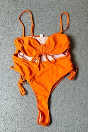 Swimwear Womens M Orange Cut Out Spaghetti Strap One Piece Swimsuit NEW‎ thumbnail 1