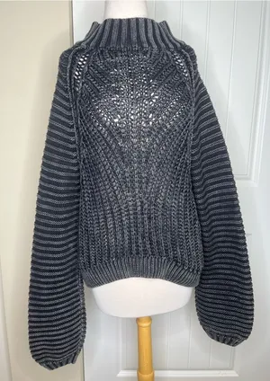 Free People Sweetheart Sweater Black Charcoal Womens Size M Fisherman Oversized thumbnail 1