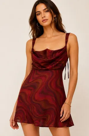 For Love & Lemons Eleanor Red Swirl Print Cowl Chiffon Mini Dress Homecoming NWT thumbnail 1