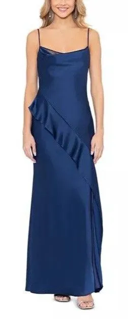 Aqua Formal Women’s Ruffle Maxi Dress Blue Satin Size 8 Bias Cut Homecoming HoCo thumbnail 1