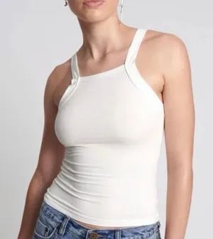 NWT One Teaspoon Sz XXS Off White Bamboo Sleeveless Square Neck Logo Tank Top thumbnail 1