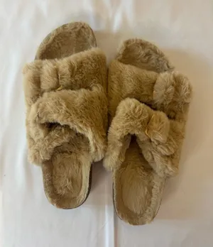 Women's Plush Faux Fur Slide Sandals - Tan thumbnail 1