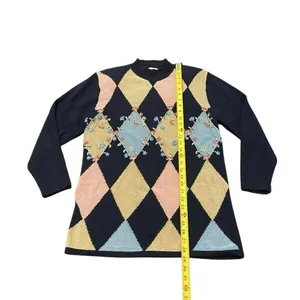 Vintage Women’s Koret Argyle Sweater‎ Floral Navy Pink Medium thumbnail 4
