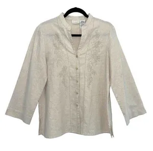 White Stag Tan Linen Blend Mandarin Collar Tunic with Flower Accents M thumbnail 1