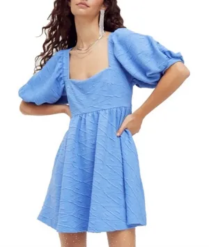 Free People cut out back mini dress blue back tie puff sleeve babydoll dress thumbnail 1