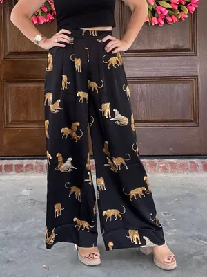 Peach Wide Leg Black Pants with Cheetah / Leopard Big Cat Print Satin Feel NWT thumbnail 1
