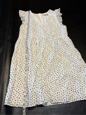 LOFT NWT White Mini Dress with Black Floral Print size 6 v-neck, ruffle sleeves thumbnail 14