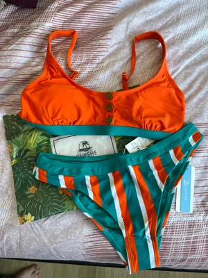 Cupshe Bikini Set Orange Aqua Stripes thumbnail 1