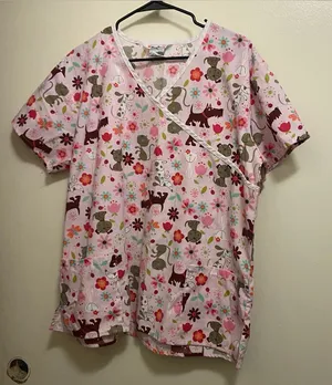 Just Love Womens Scrubs Scrub Top Shirt XL 44” Pink Dogs Cats Print Vet Groomer thumbnail 1