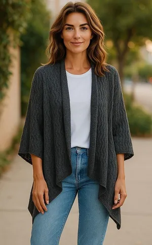 Chico's Womens Cardigan‎ Sz 1 M 8 10 Gray Black Waterfall Sweater Open Front thumbnail 1