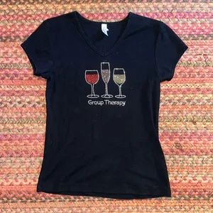 Chris’S Stuff Group Therapy Wine Glass Rhinestone Bar Drinking Tee thumbnail 1