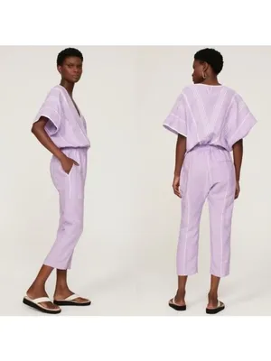 Paradised Merri Wrap Effect Stripe Jumpsuit XS Purple Beach Coverup Cotton thumbnail 4