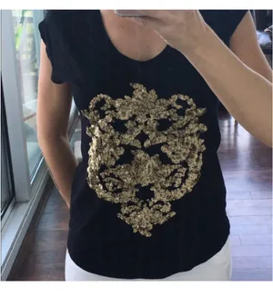 Express Gold Sequin Black Lace Back Top thumbnail 5