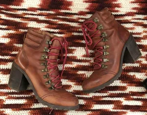 Lucky Brand Brown leather red lace-up ankle combat mid high top boho hiking boots booties heels #timberland thumbnail 1