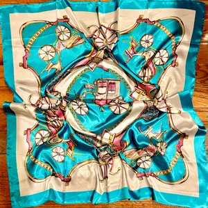 VTG Royal Regal Carriage Print turquoise/PINK oversized square Silky Scarf 35/35 thumbnail 1