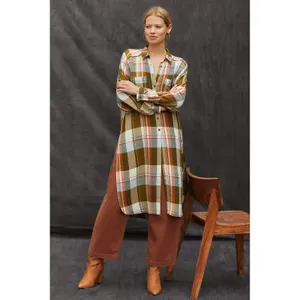 Pilcro Shirt Dress Women Medium Olive‎ Plaid Longline Duster Button Front Boho thumbnail 3