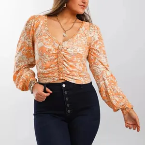 Free People Floral Crop Top XS Orange Cream Boho Long Sleeve Ruched Front Blouse thumbnail 1