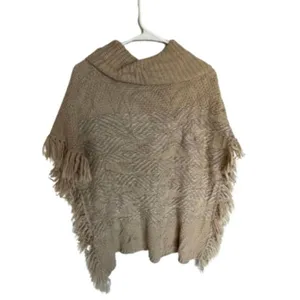 Lucky Brand wool blend fringed poncho sweater XS/S Textured Lagenlook Cozy Chic thumbnail 3