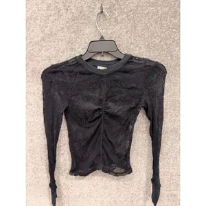 Free People Women Top XS Black Intimately Lace Ruched Front Long Sleeve Sheer thumbnail 2