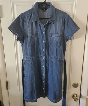 Frye Denim Shirt Dress Womens L Blue Cotton Button Tie Waist Western Belted thumbnail 1