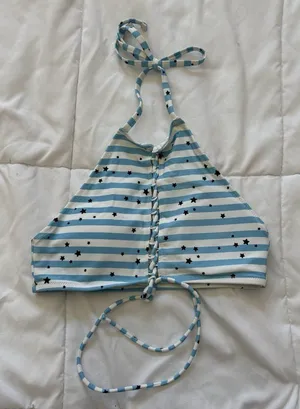 Aerie Womens‎ Size Small Stars Stripes Lace Up Bikini Top High Neck Blue White thumbnail 1