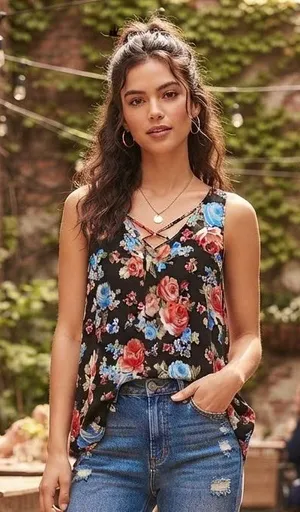 First Love Black Floral Crisscross V-Neck Camisole thumbnail 1