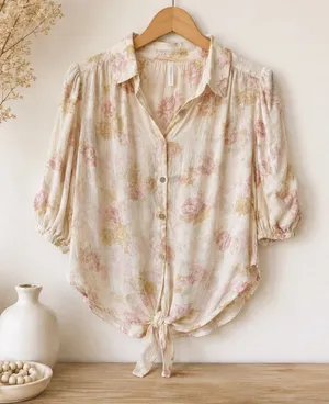 Free People Celia Printed Floral Blouse Ivory Pink Tie Front Puff Sleeve S thumbnail 1