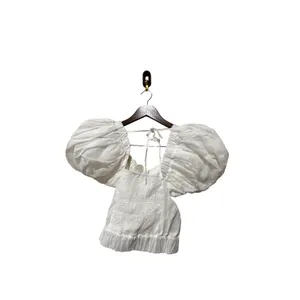 Frame Ruched Crop Puff Sleeve Blouse in Blanc‎ Size Medium NWOT thumbnail 6
