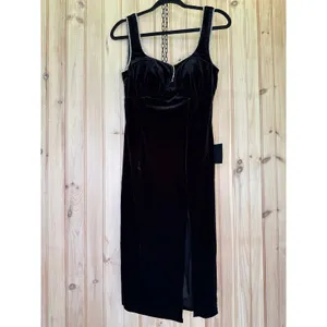 NWT Lulus Posh Sparkle Black Velvet Rhinestone Notched Midi Dress Party Size M thumbnail 2