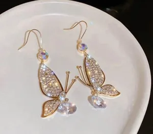 Women's Crystal Butterfly Drop Dangle Earrings Gold thumbnail 1