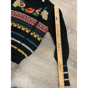 Vintage Embroidered Floral Fair Isle Sweater Womens Medium Black Good Boho thumbnail 6
