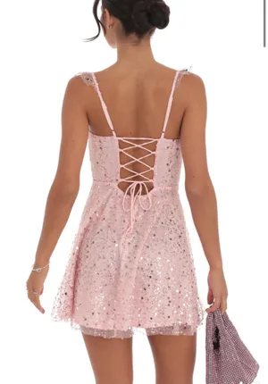 Lucy in the Sky Pink Sparkly Mini Dress Sequin Ruffle Strap Tie Back Homecoming Dress thumbnail 2