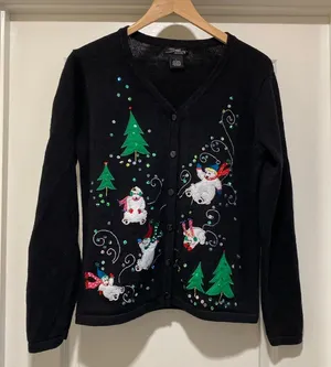 SML Design Christmas Sweater Large Snowmen Embroidered Cardigan Cottagecore thumbnail 1