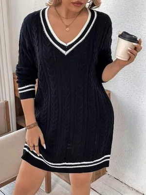 [VICI] Navy Blue White V-Neck Chunky Cable Knit Oversized Sweater Dress NWT XL thumbnail 1