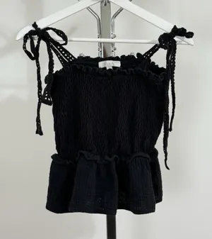 Eli + Ali Black Smocked Peplum Cami Top Womens M Tie Straps Cottagecore Peasant thumbnail 1
