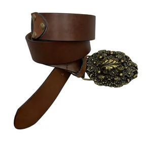 CAbi Belt Womens Medium Brown Leather Ornate Brass Filigree Buckle Studded Boho thumbnail 1