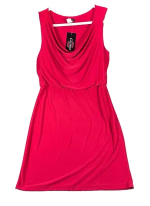 Cocomo Red Dress Large Cowl Neck Blouson Knee MIDI Elastic Waist Flattering Fit thumbnail 1