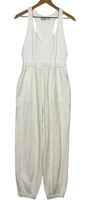 Free People Beach White Jogger Jumpsuit Medium White‎ Racerback Boho Loungewear thumbnail 1