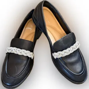 Gianni Bini Black Leather Loafers with Rhinestone Braid Trim thumbnail 1