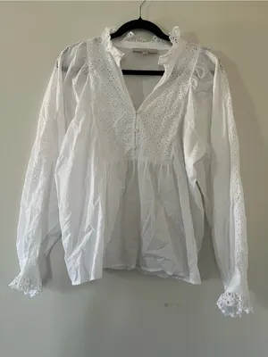 Loft White Eyelet Cotton Peasant Top Medium Cottagecore Romantic Prairie Coastal thumbnail 1