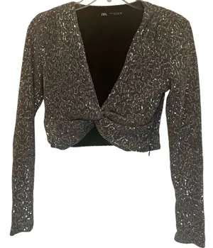 Zara Metallic Silver Twist-Front Long-Sleeve Crop Top thumbnail 1