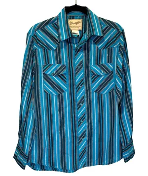 Wrangler Blue Stripe Pearl Snap Button Down Western Shirt - size Medium thumbnail 1